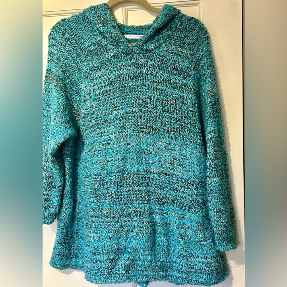 Lulu-B L Marled Turquoise Hoodie Tunic Sweater Kangaroo Pocket LongSleeve Soft!